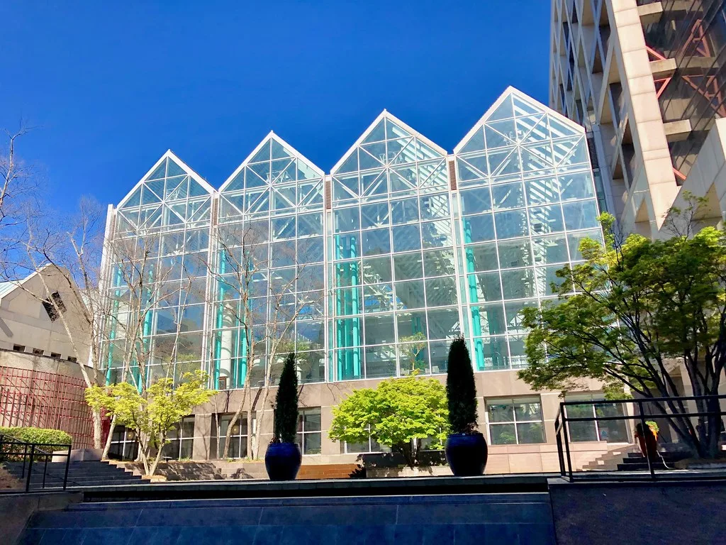The glass atrium of the Fulton County Government Center on Pryor Street in Atlanta, where the board voted.