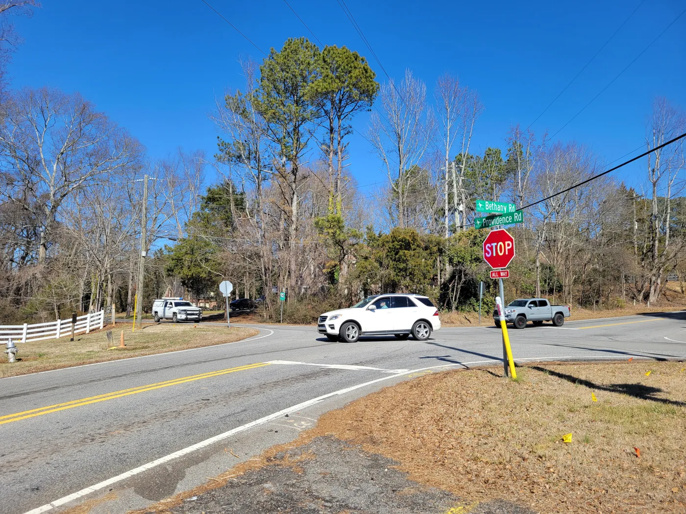 The all-way stop where Bethany Road meets Providence Road at Fields Crossroads in Milton.
